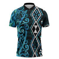 Turquoise Aotearoa Zipper Polo Shirt Taniko Motifs With Paua Shell Kowhaiwhai - Polynesian Pride