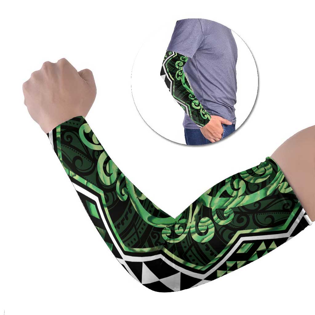 Green Aotearoa Arm Sleeves Taniko Motifs With Paua Shell Kowhaiwhai - Polynesian Pride