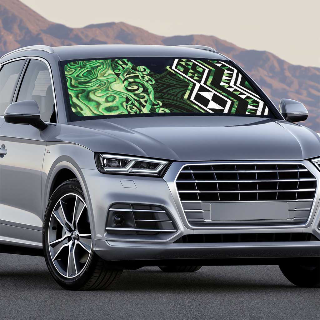 Green Aotearoa Auto Sun Shade Taniko Motifs With Paua Shell Kowhaiwhai - Polynesian Pride