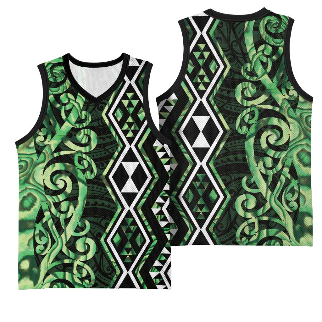 Green Aotearoa Basketball Jersey Taniko Motifs With Paua Shell Kowhaiwhai - Polynesian Pride