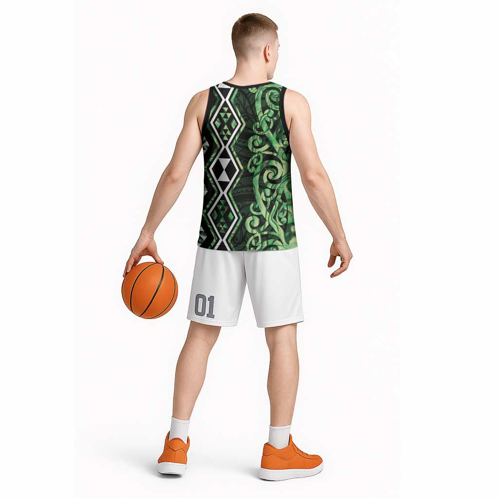 Green Aotearoa Basketball Jersey Taniko Motifs With Paua Shell Kowhaiwhai - Polynesian Pride