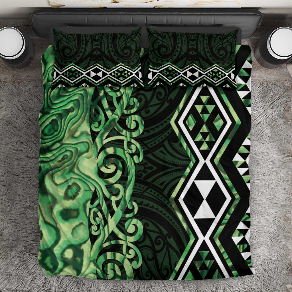 Green Aotearoa Bedding Set Taniko Motifs With Paua Shell Kowhaiwhai LT14 Green - Polynesian Pride