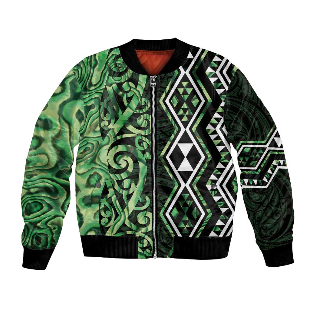 Green Aotearoa Bomber Jacket Taniko Motifs With Paua Shell Kowhaiwhai LT14 Unisex Green - Polynesian Pride