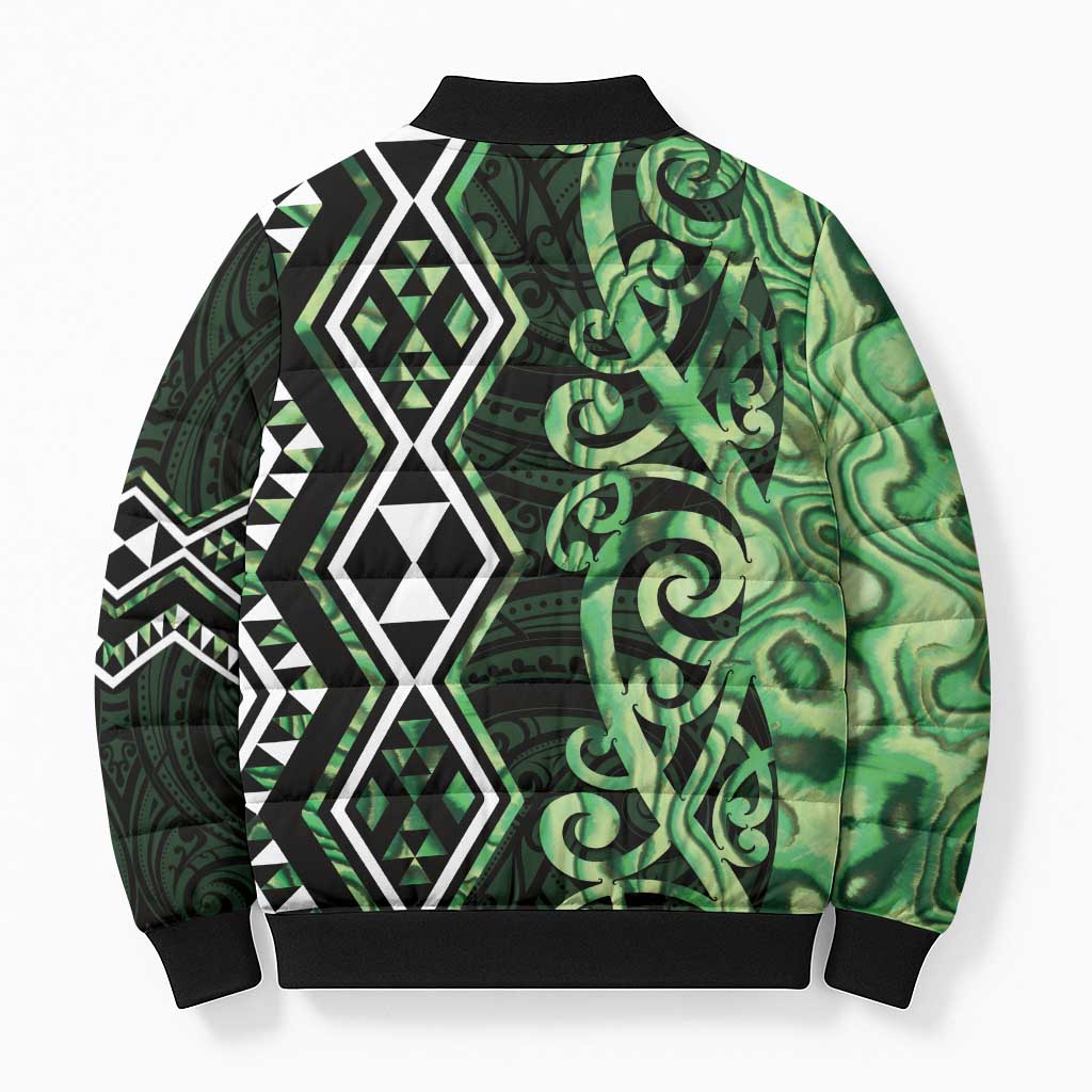Green Aotearoa Bomber Puffer Jacket Taniko Motifs With Paua Shell Kowhaiwhai - Polynesian Pride