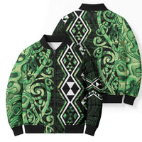 Green Aotearoa Bomber Puffer Jacket Taniko Motifs With Paua Shell Kowhaiwhai - Polynesian Pride