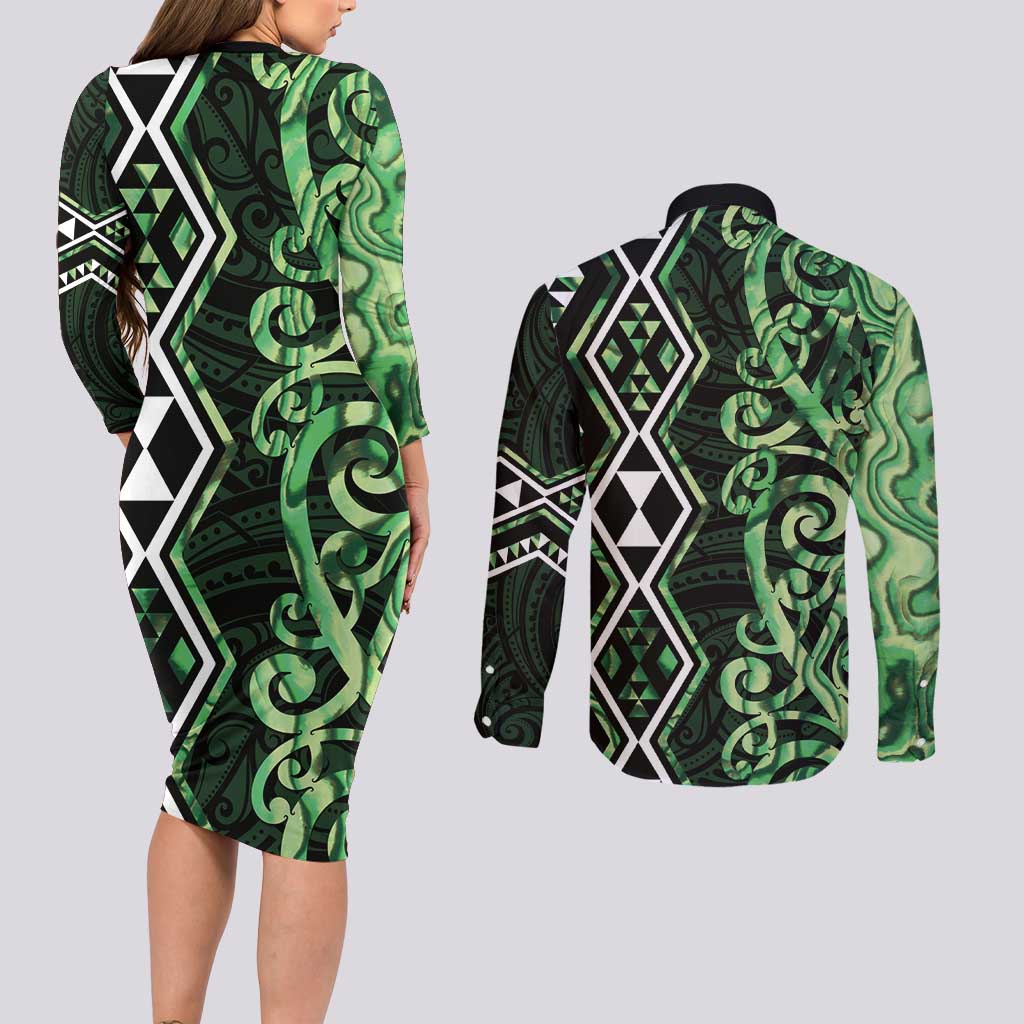Green Aotearoa Couples Matching Long Sleeve Bodycon Dress and Long Sleeve Button Shirt Taniko Motifs With Paua Shell Kowhaiwhai