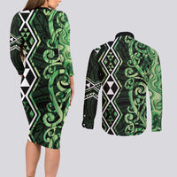 Green Aotearoa Couples Matching Long Sleeve Bodycon Dress and Long Sleeve Button Shirt Taniko Motifs With Paua Shell Kowhaiwhai