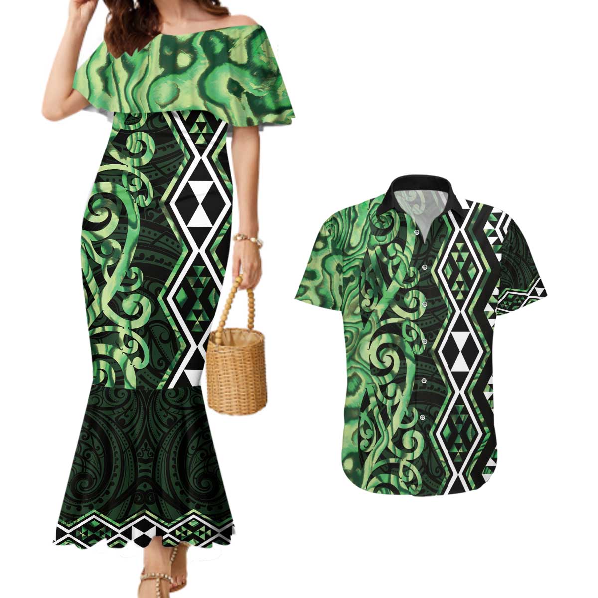 Green Aotearoa Couples Matching Mermaid Dress and Hawaiian Shirt Taniko Motifs With Paua Shell Kowhaiwhai