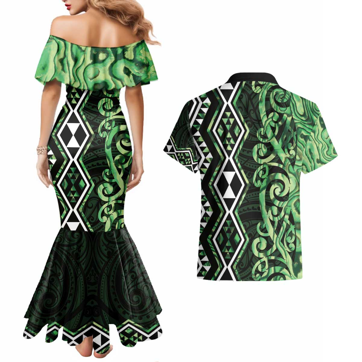 Green Aotearoa Couples Matching Mermaid Dress and Hawaiian Shirt Taniko Motifs With Paua Shell Kowhaiwhai