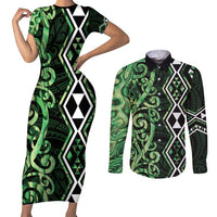Green Aotearoa Couples Matching Short Sleeve Bodycon Dress and Long Sleeve Button Shirt Taniko Motifs With Paua Shell Kowhaiwhai