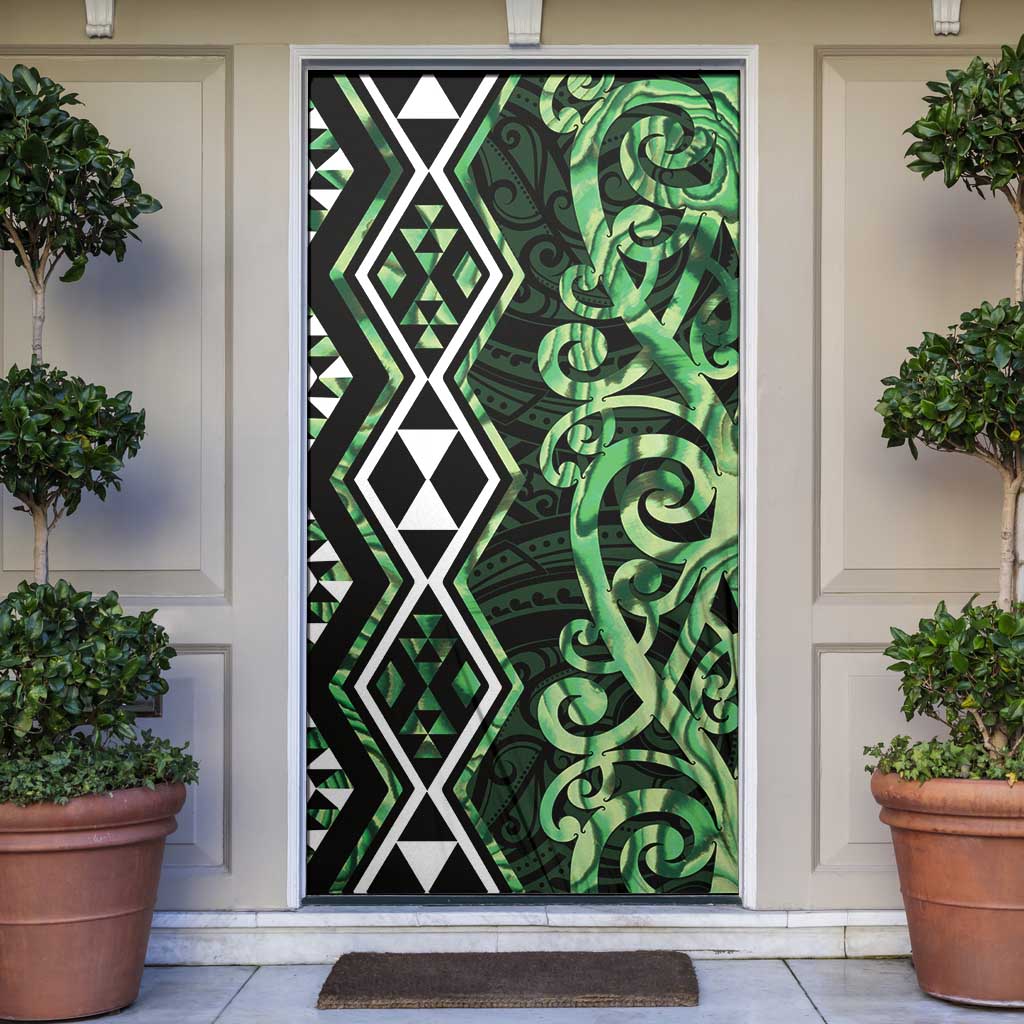 Green Aotearoa Door Cover Taniko Motifs With Paua Shell Kowhaiwhai - Polynesian Pride
