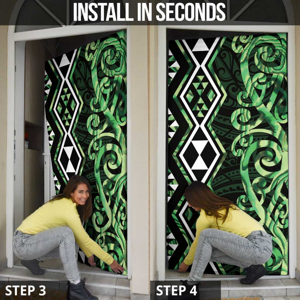 Green Aotearoa Door Cover Taniko Motifs With Paua Shell Kowhaiwhai - Polynesian Pride