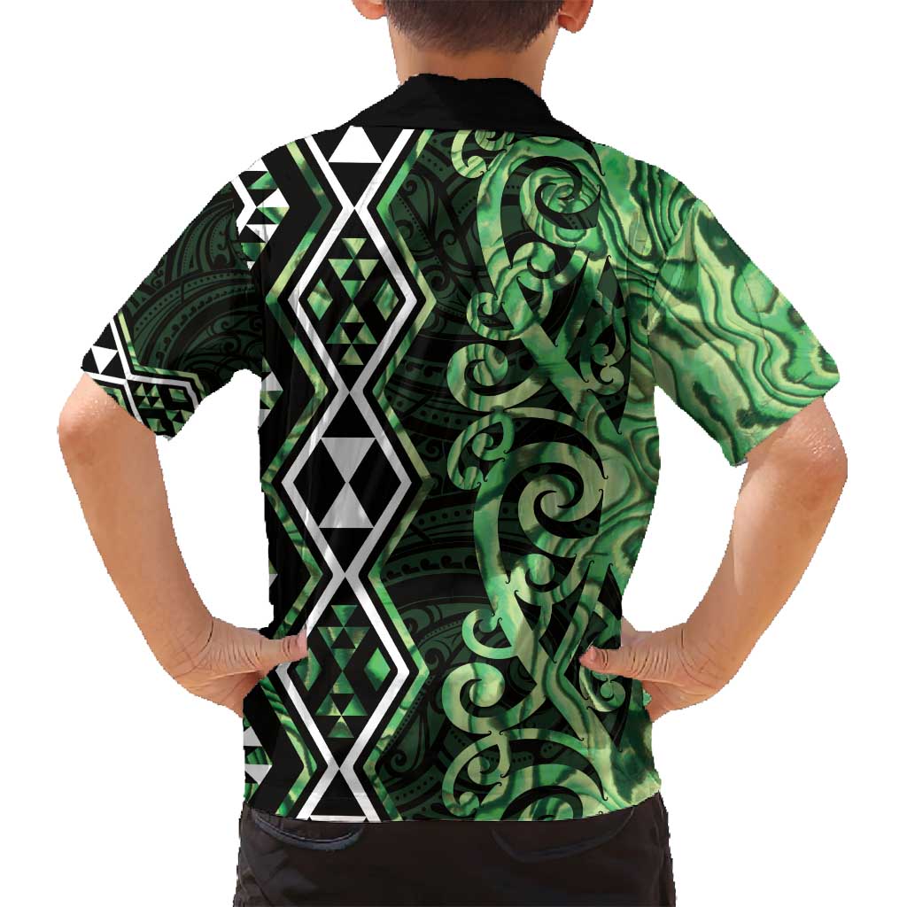 Green Aotearoa Family Matching Off Shoulder Short Dress and Hawaiian Shirt Taniko Motifs With Paua Shell Kowhaiwhai LT14 - Polynesian Pride