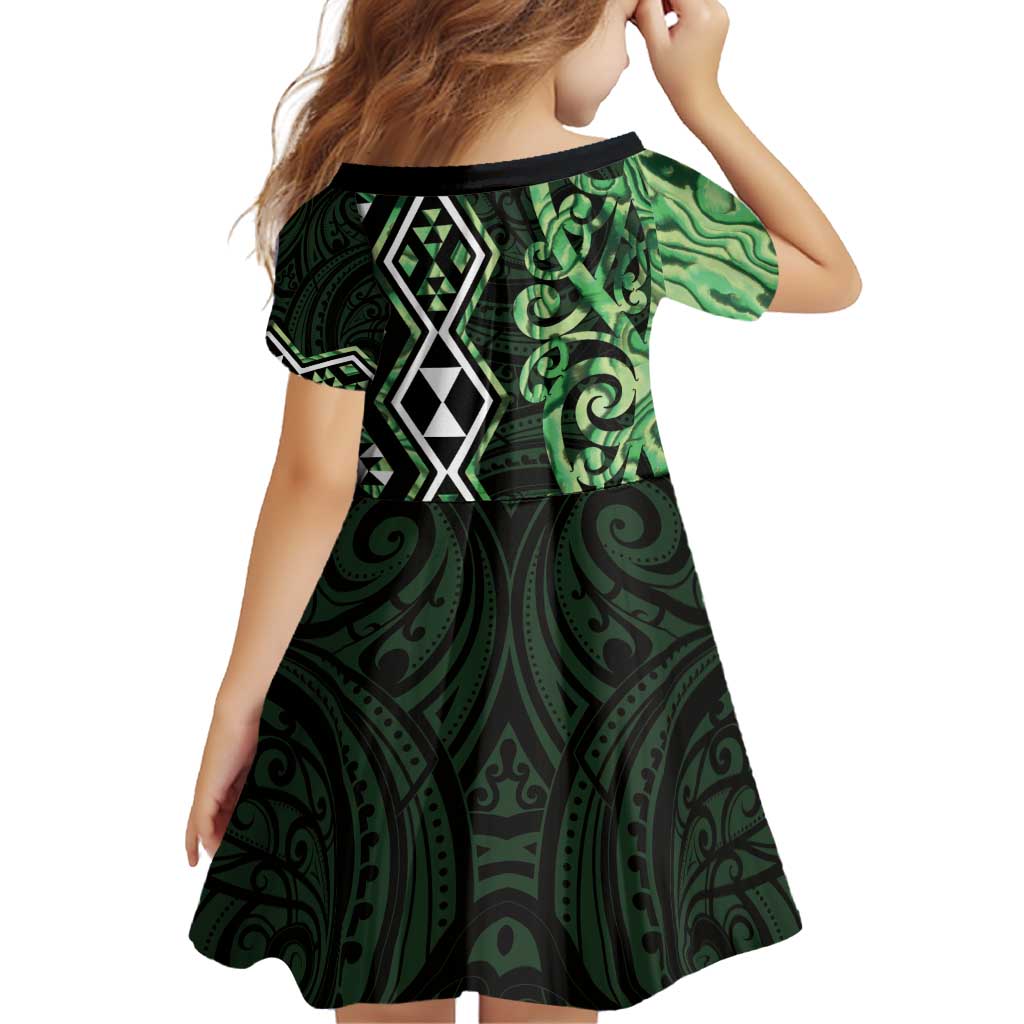 Green Aotearoa Family Matching Off Shoulder Short Dress and Hawaiian Shirt Taniko Motifs With Paua Shell Kowhaiwhai LT14 - Polynesian Pride