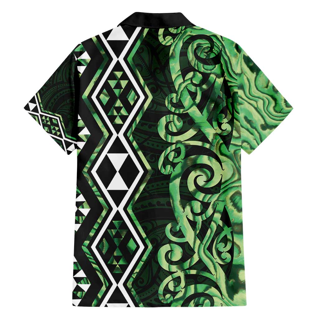 Green Aotearoa Family Matching Off Shoulder Short Dress and Hawaiian Shirt Taniko Motifs With Paua Shell Kowhaiwhai LT14 - Polynesian Pride