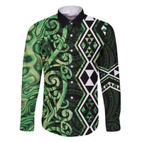 Green Aotearoa Family Matching Off Shoulder Short Dress and Hawaiian Shirt Taniko Motifs With Paua Shell Kowhaiwhai LT14 Dad's Shirt - Long Sleeve Green - Polynesian Pride