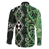 Green Aotearoa Family Matching Off Shoulder Short Dress and Hawaiian Shirt Taniko Motifs With Paua Shell Kowhaiwhai LT14 - Polynesian Pride