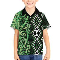 Green Aotearoa Family Matching Off Shoulder Short Dress and Hawaiian Shirt Taniko Motifs With Paua Shell Kowhaiwhai LT14 Son's Shirt Green - Polynesian Pride