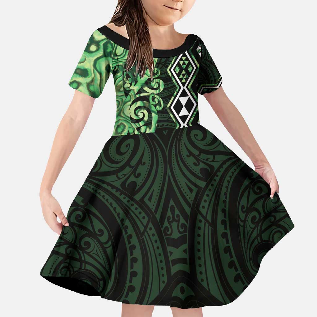 Green Aotearoa Family Matching Tank Maxi Dress and Hawaiian Shirt Taniko Motifs With Paua Shell Kowhaiwhai LT14 Daughter's Dress Green - Polynesian Pride