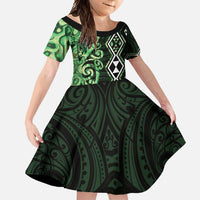 Green Aotearoa Family Matching Tank Maxi Dress and Hawaiian Shirt Taniko Motifs With Paua Shell Kowhaiwhai LT14 Daughter's Dress Green - Polynesian Pride