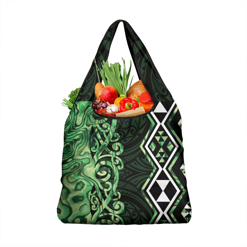 Green Aotearoa Grocery Bag Taniko Motifs With Paua Shell Kowhaiwhai