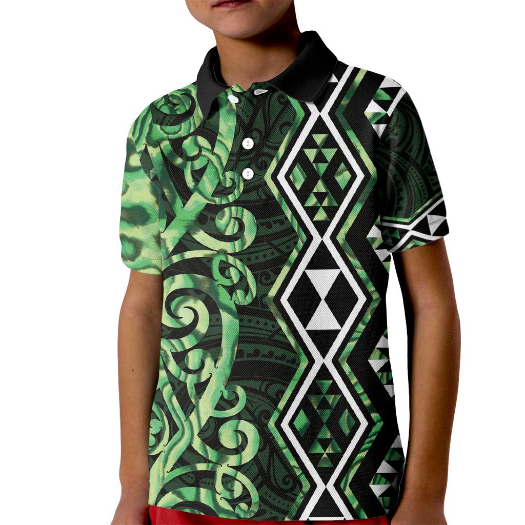 Green Aotearoa Kid Polo Shirt Taniko Motifs With Paua Shell Kowhaiwhai