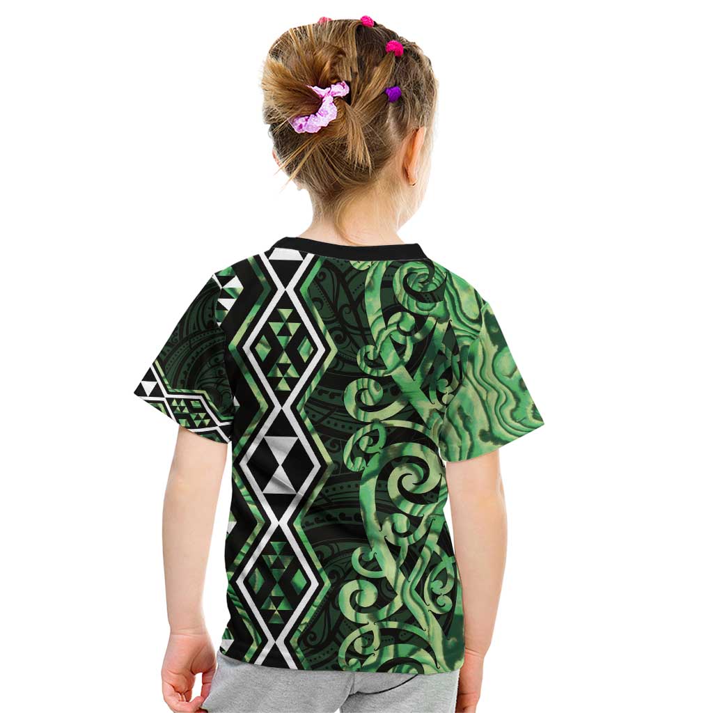Green Aotearoa Kid T Shirt Taniko Motifs With Paua Shell Kowhaiwhai