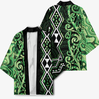 Green Aotearoa Kimono Taniko Motifs With Paua Shell Kowhaiwhai - Polynesian Pride