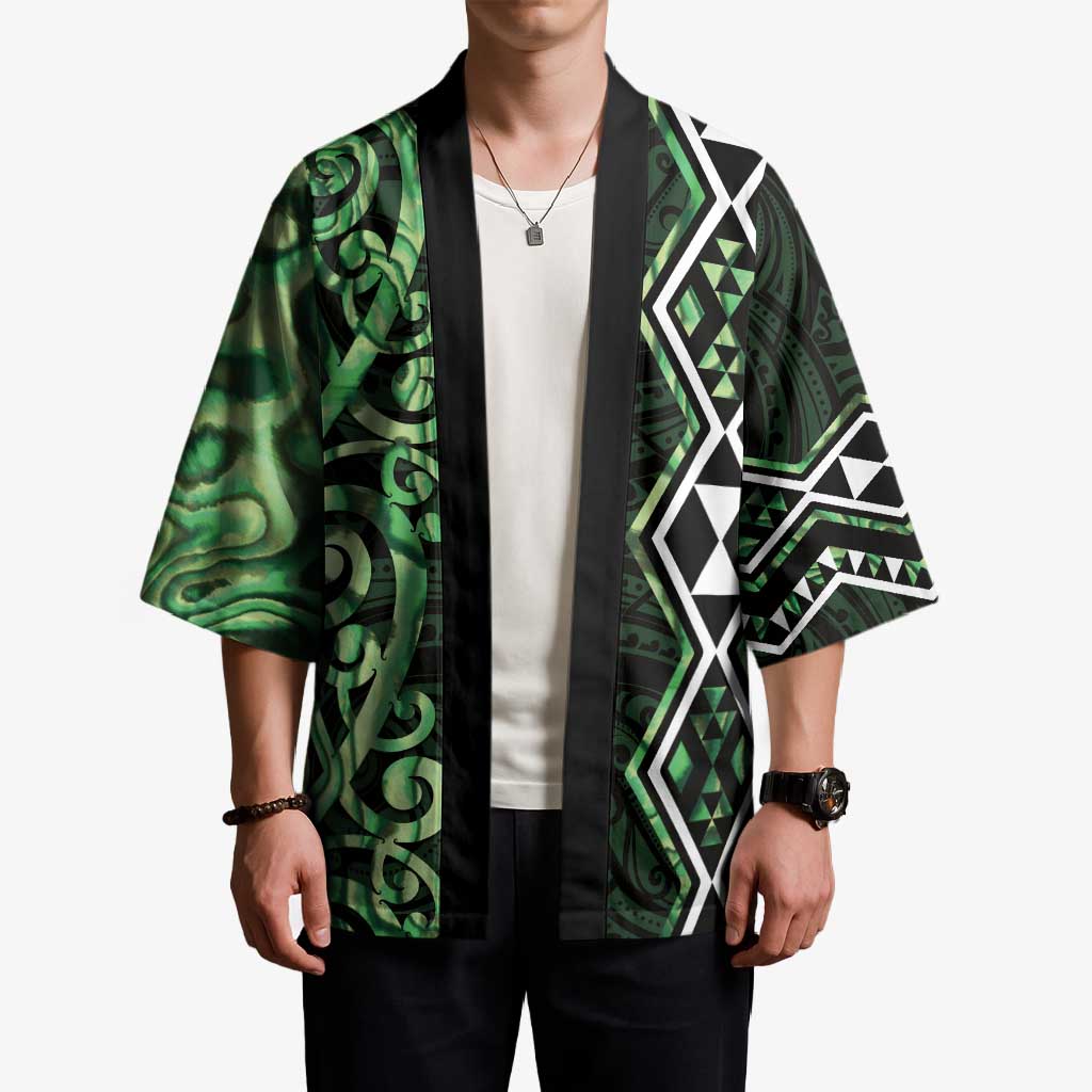 Green Aotearoa Kimono Taniko Motifs With Paua Shell Kowhaiwhai - Polynesian Pride