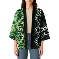 Green Aotearoa Kimono Taniko Motifs With Paua Shell Kowhaiwhai - Polynesian Pride