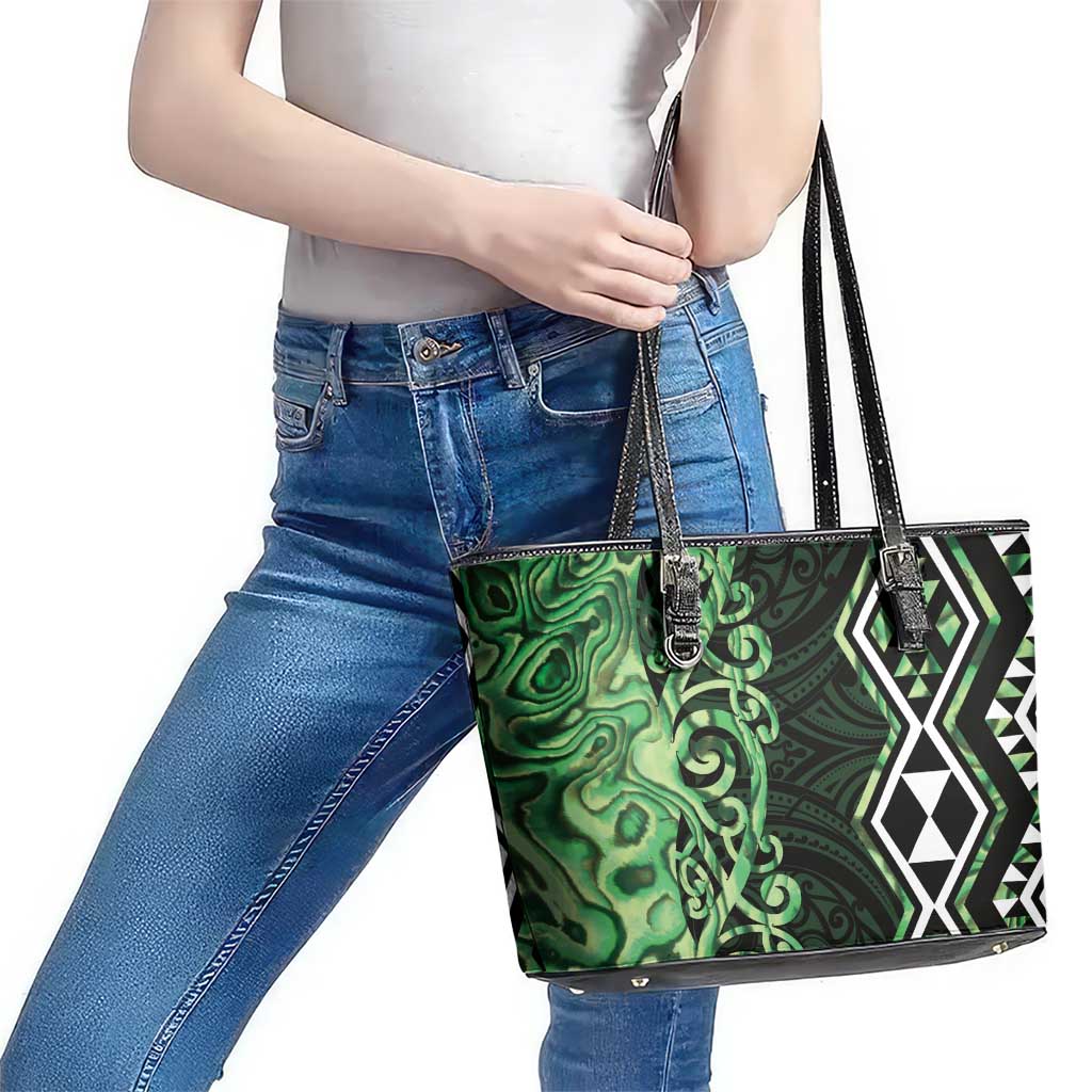 Green Aotearoa Leather Tote Bag Taniko Motifs With Paua Shell Kowhaiwhai