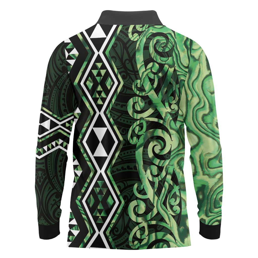 Green Aotearoa Long Sleeve Polo Shirt Taniko Motifs With Paua Shell Kowhaiwhai