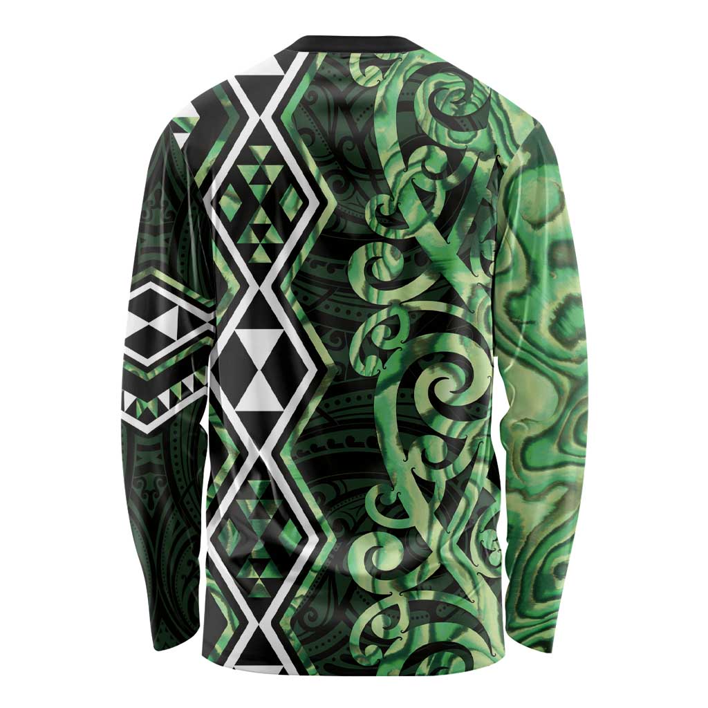 Green Aotearoa Long Sleeve Shirt Taniko Motifs With Paua Shell Kowhaiwhai