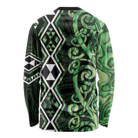 Green Aotearoa Long Sleeve Shirt Taniko Motifs With Paua Shell Kowhaiwhai