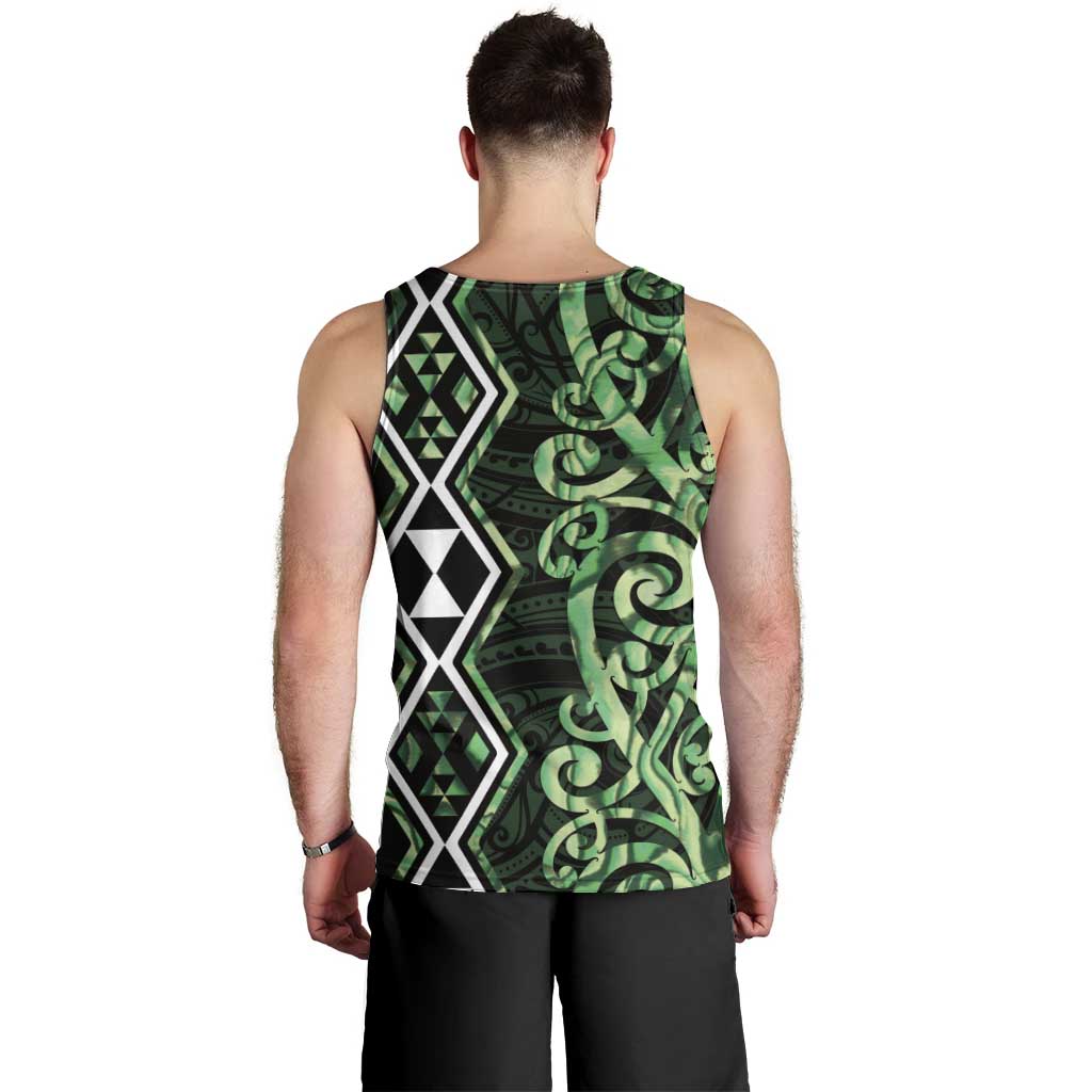 Green Aotearoa Men Tank Top Taniko Motifs With Paua Shell Kowhaiwhai