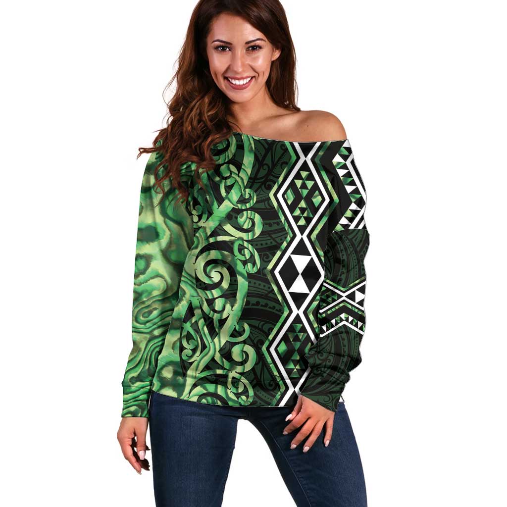 Green Aotearoa Off Shoulder Sweater Taniko Motifs With Paua Shell Kowhaiwhai LT14 Women Green - Polynesian Pride