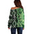 Green Aotearoa Off Shoulder Sweater Taniko Motifs With Paua Shell Kowhaiwhai