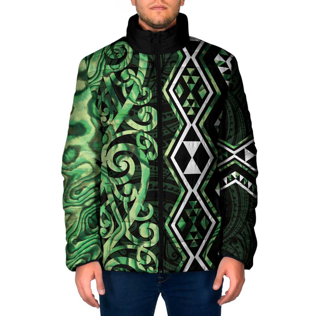 Green Aotearoa Padded Jacket Taniko Motifs With Paua Shell Kowhaiwhai - Polynesian Pride
