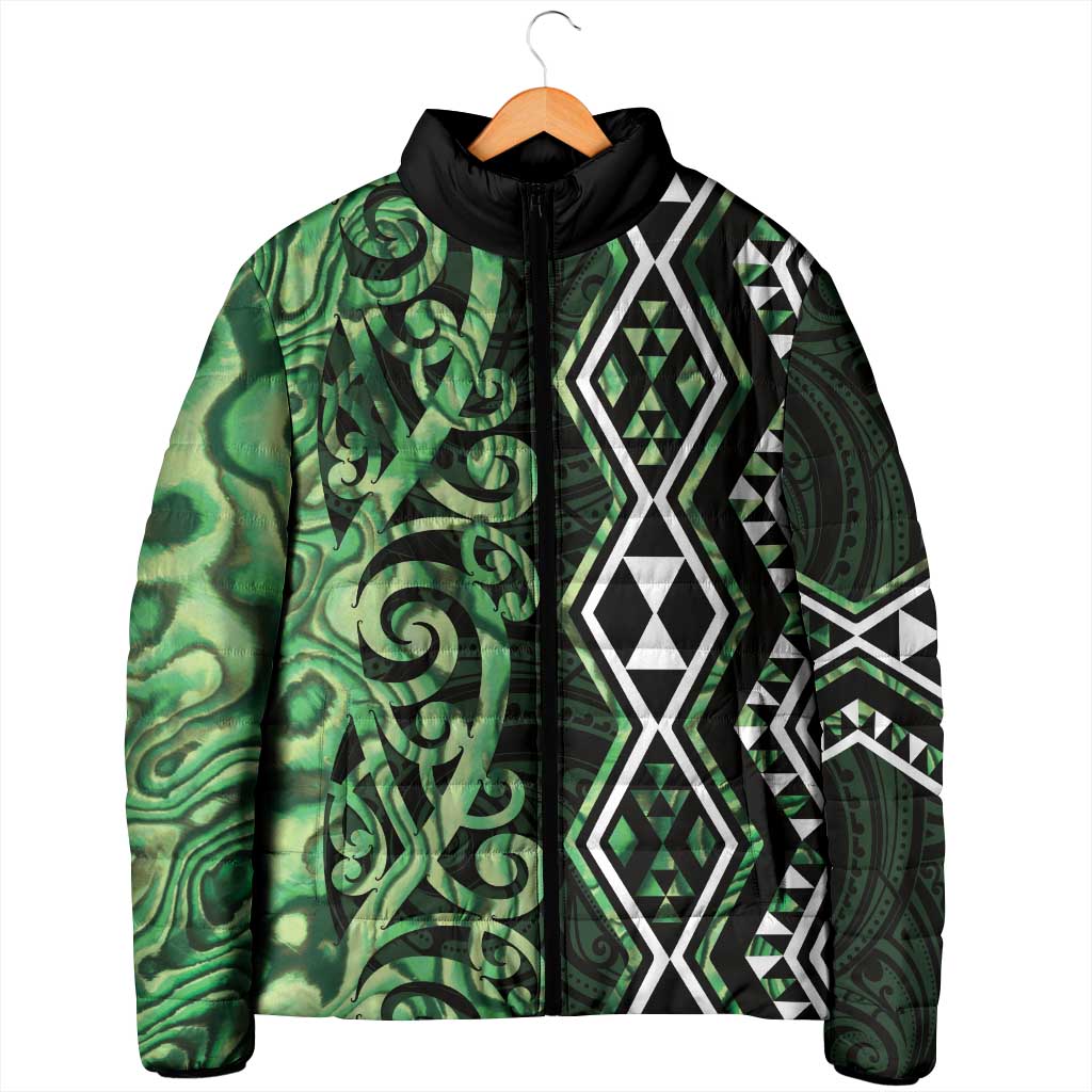 Green Aotearoa Padded Jacket Taniko Motifs With Paua Shell Kowhaiwhai - Polynesian Pride