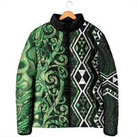 Green Aotearoa Padded Jacket Taniko Motifs With Paua Shell Kowhaiwhai - Polynesian Pride