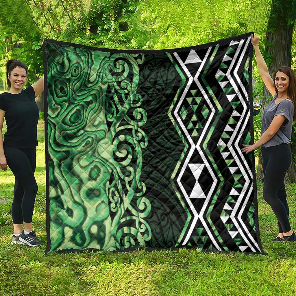 Green Aotearoa Quilt Taniko Motifs With Paua Shell Kowhaiwhai