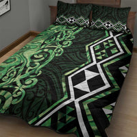 Green Aotearoa Quilt Bed Set Taniko Motifs With Paua Shell Kowhaiwhai