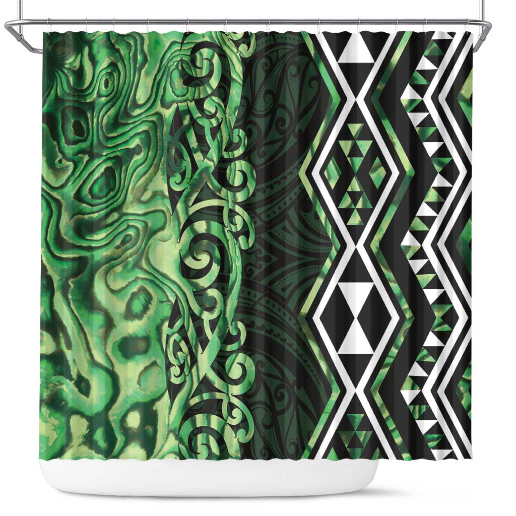 Green Aotearoa Shower Curtain Taniko Motifs With Paua Shell Kowhaiwhai LT14 Green - Polynesian Pride