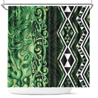Green Aotearoa Shower Curtain Taniko Motifs With Paua Shell Kowhaiwhai LT14 Green - Polynesian Pride