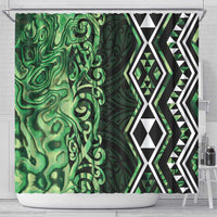 Green Aotearoa Shower Curtain Taniko Motifs With Paua Shell Kowhaiwhai LT14 - Polynesian Pride