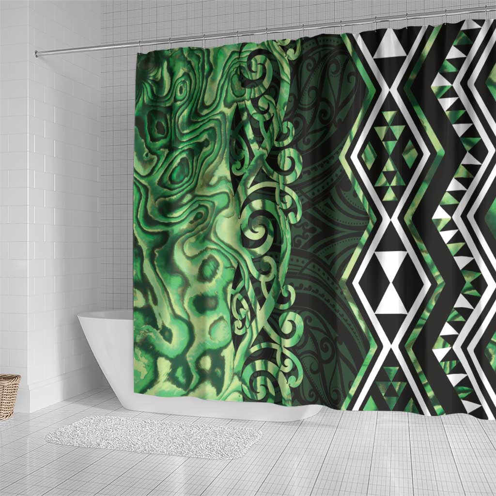 Green Aotearoa Shower Curtain Taniko Motifs With Paua Shell Kowhaiwhai LT14 - Polynesian Pride