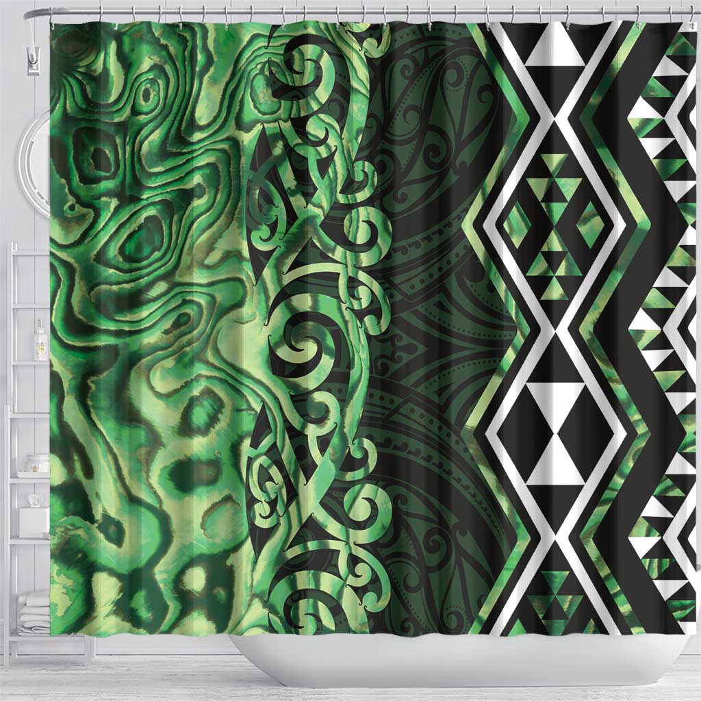 Green Aotearoa Shower Curtain Taniko Motifs With Paua Shell Kowhaiwhai LT14 - Polynesian Pride