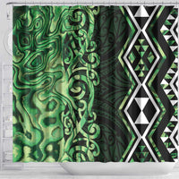 Green Aotearoa Shower Curtain Taniko Motifs With Paua Shell Kowhaiwhai LT14 - Polynesian Pride