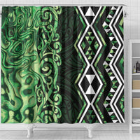 Green Aotearoa Shower Curtain Taniko Motifs With Paua Shell Kowhaiwhai LT14 - Polynesian Pride