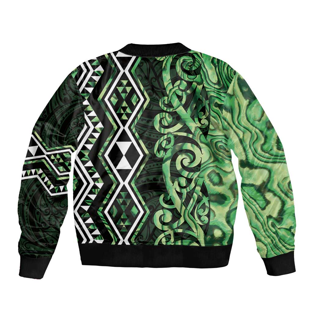 Green Aotearoa Sleeve Zip Bomber Jacket Taniko Motifs With Paua Shell Kowhaiwhai